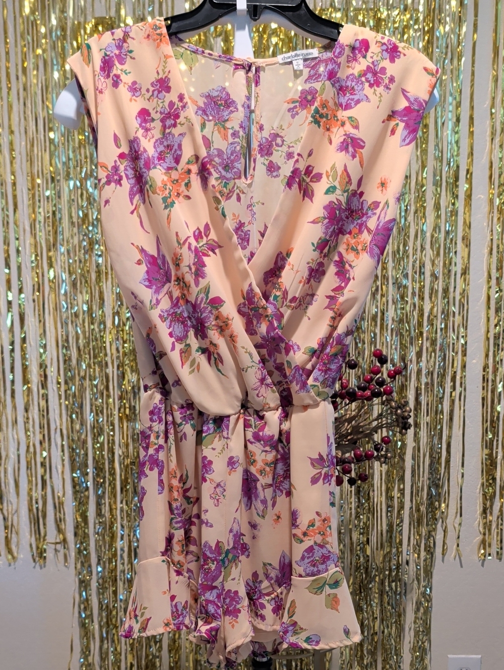 Charlotte Russe Peach Floral Women's Shorts Romper with Purple Flowers